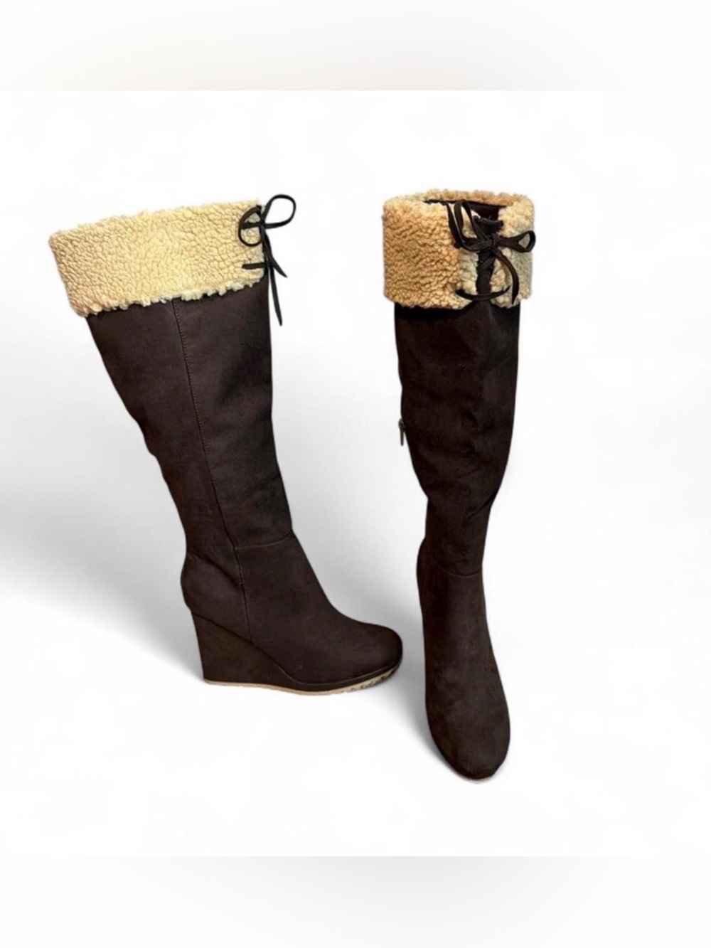 JustFab Cameron Sherpa Wedge Boots Brown Size 8.5 NWOT Cozy Winter - Picture 4 of 7